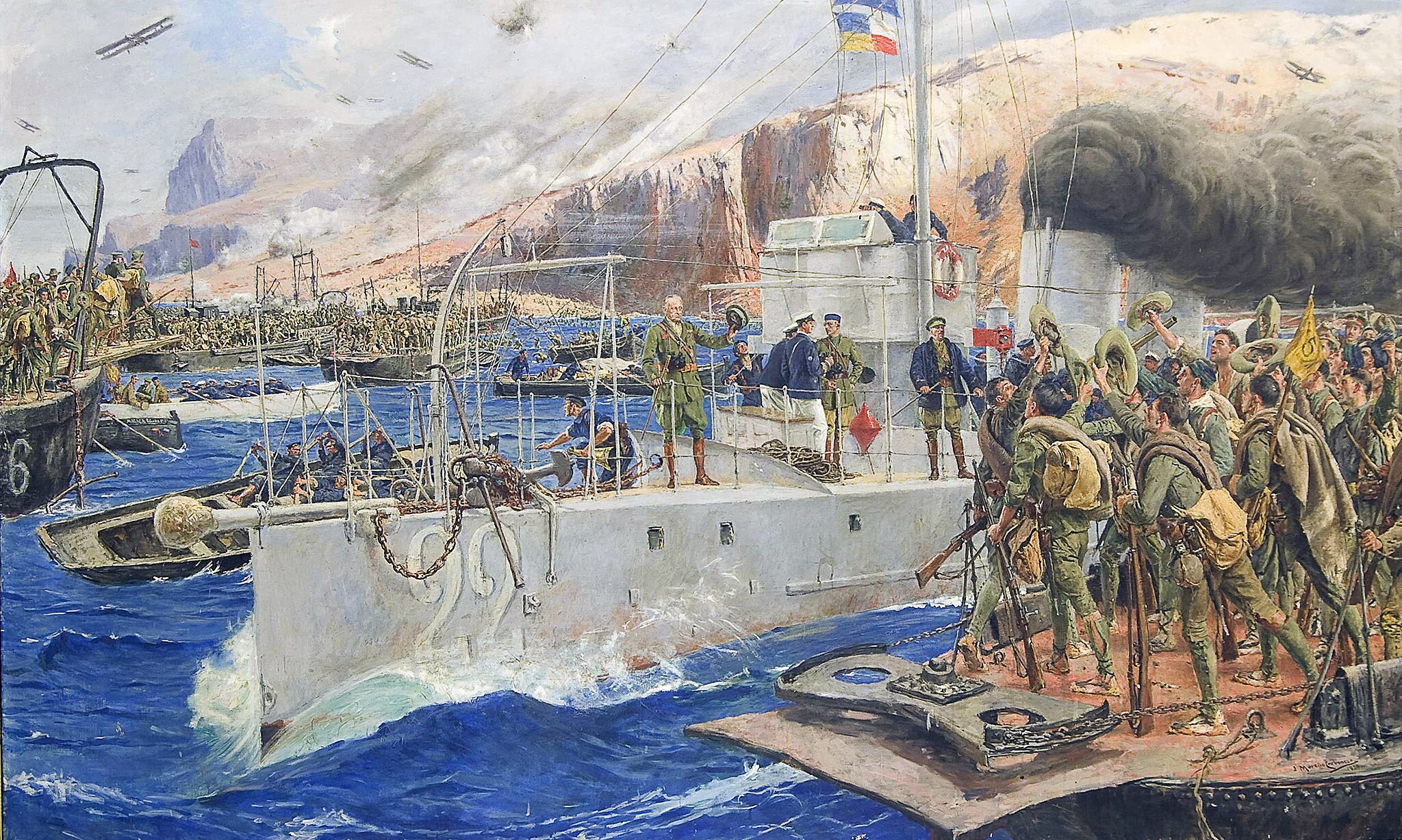 Painting of the Spanish landing at Alhucemas Bay in 1925, troops disembarking onto the beach under fire.