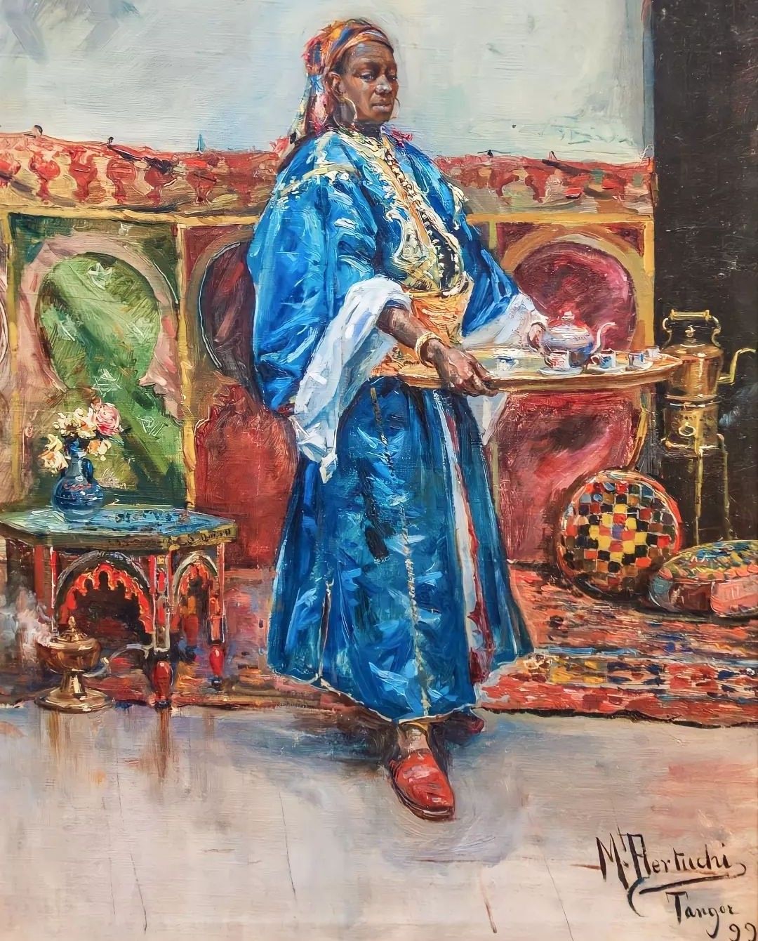 1899 painting by Mariano Bertuchi of a Moroccan tea ceremony, the host pouring tea from height into small glasses.
