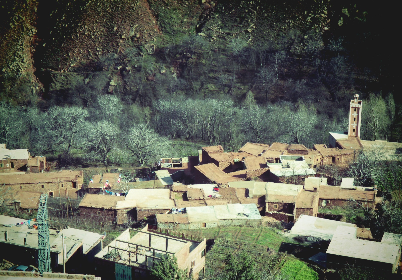A small Amazigh village in the Moroccan Atlas mountains, with mud-brick houses, terraced fields, and snow-capped peaks behind.