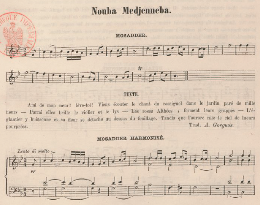 An 1863 illustration of an Arab-Andalusian music ensemble in Algiers, with three musicians on traditional string and percussion instruments.