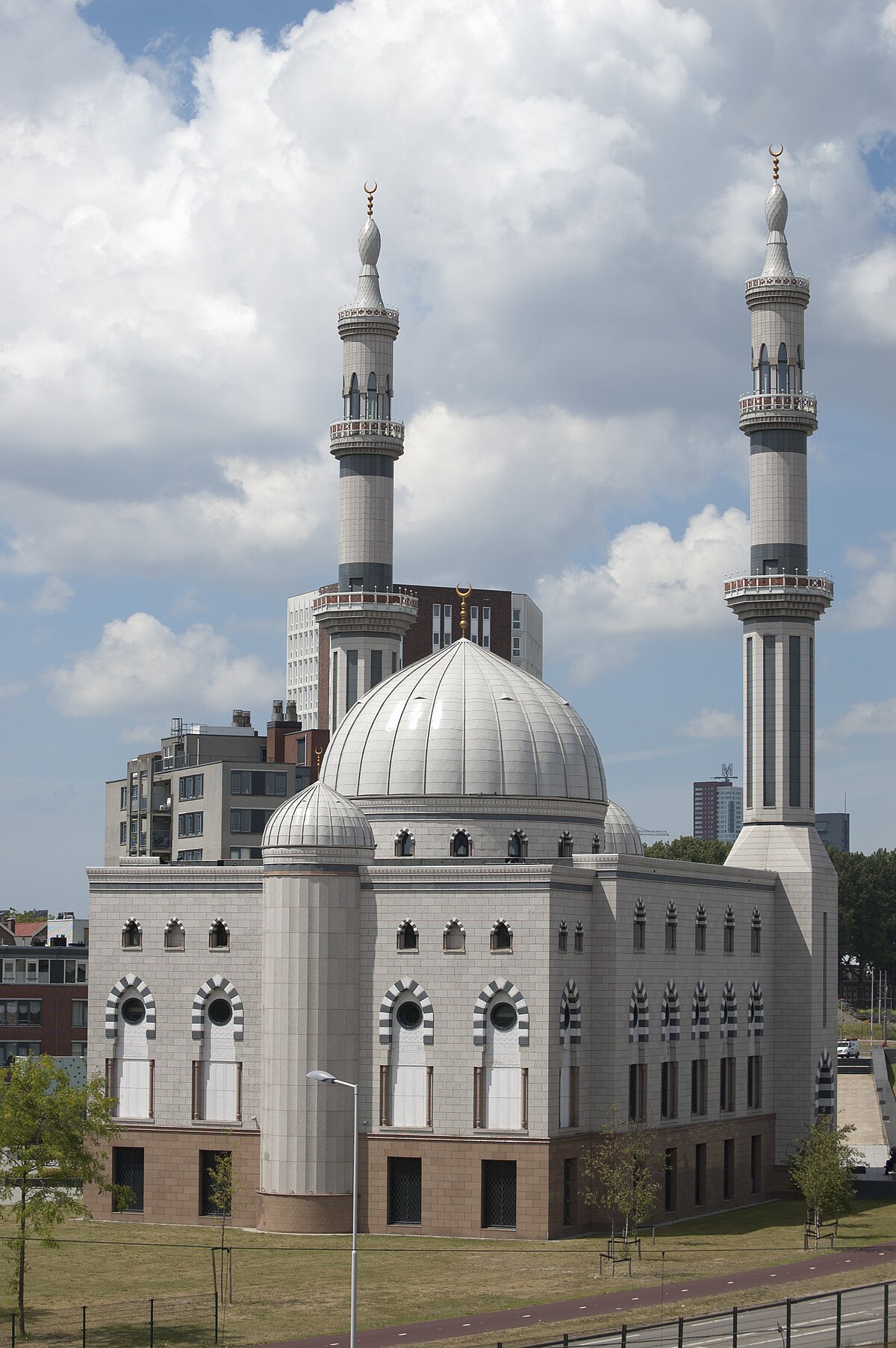 The Essalam Mosque in Rotterdam-South, with two minarets and a large central dome, the largest mosque in the Netherlands.