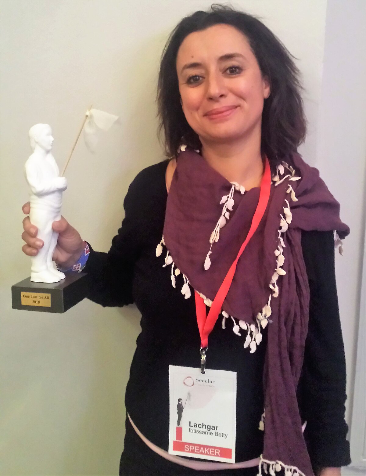 Portrait photograph of Ibtissame Lachgar, Moroccan secular activist, taken in 2018.